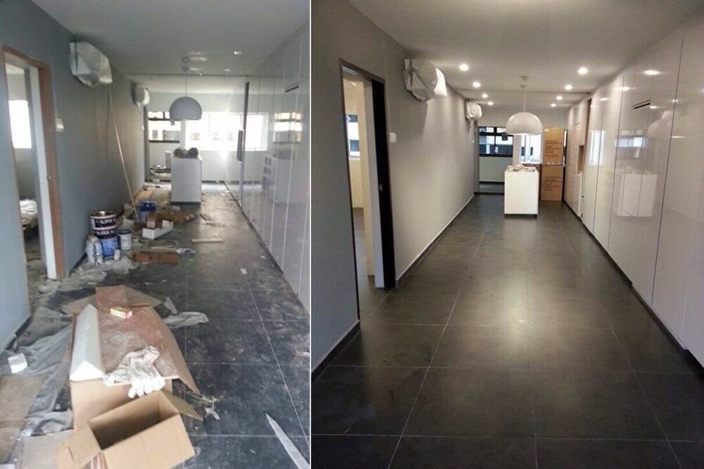 Fin de chantier — couloir de bureaux, avant à gauche et après à droite