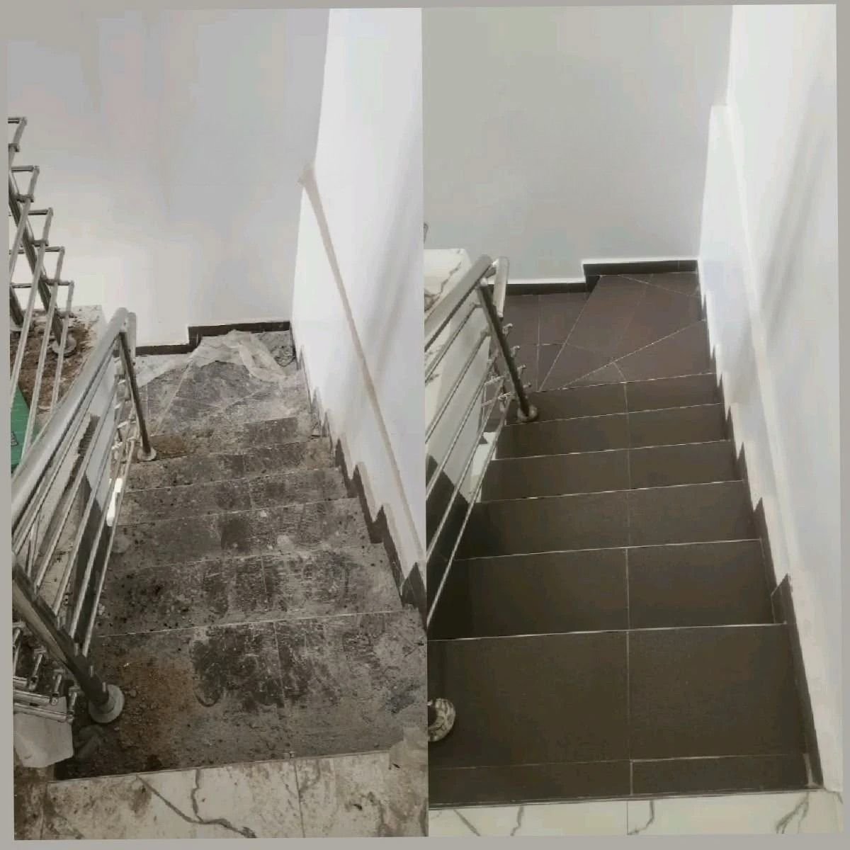 Fin de chantier — escalier carrelé, avant à gauche et après à droite